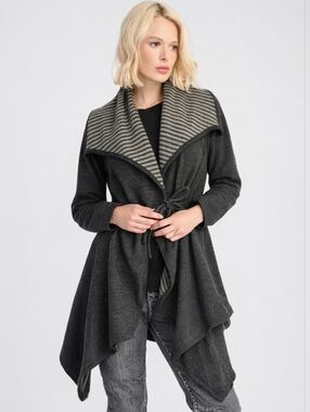 Alembika Asymmetrical Wrap Cardigan Size 6 Grey Striped Open Front